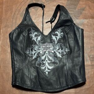 Harley-Davidson Black Leather V-Neck Halter Top with Silver Embroidered Crest